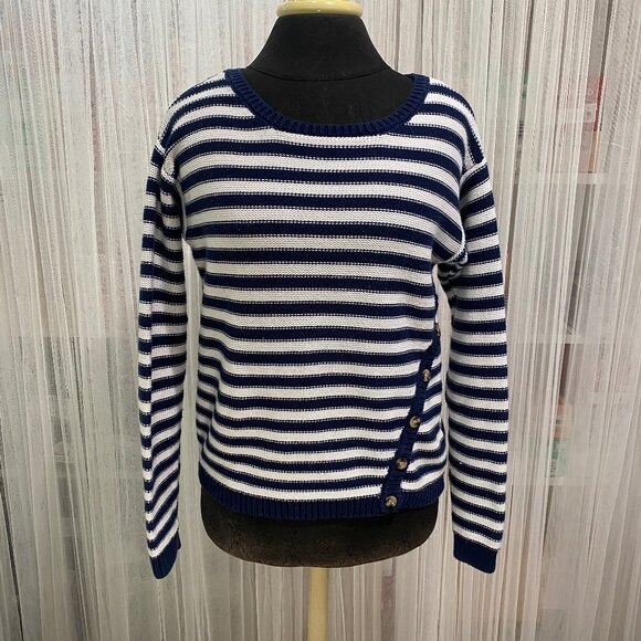 Garnet Hill Striped Sweater w/Button Decoration Size Small Nautical Navy White - Picture 1 of 12
